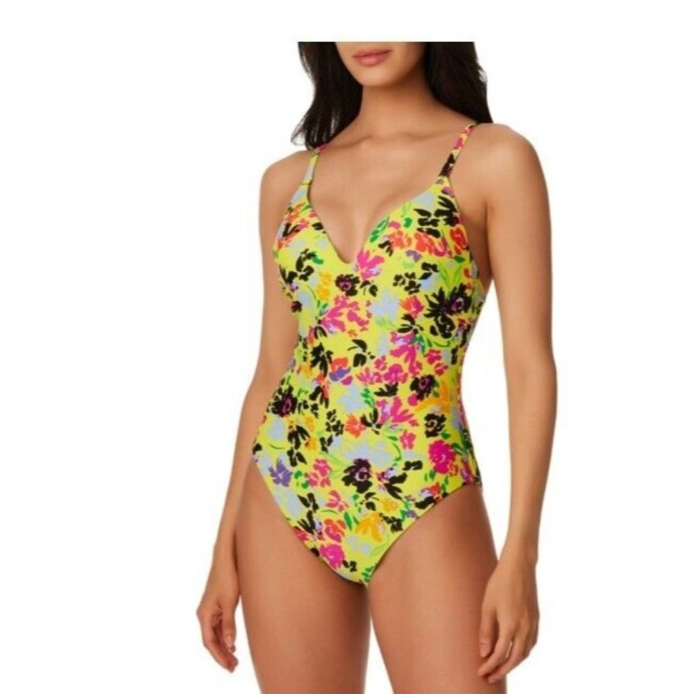 NWT BAR III Shirred OTS Mio Floral Chic One Piece Swimsuit Womens Large Citron